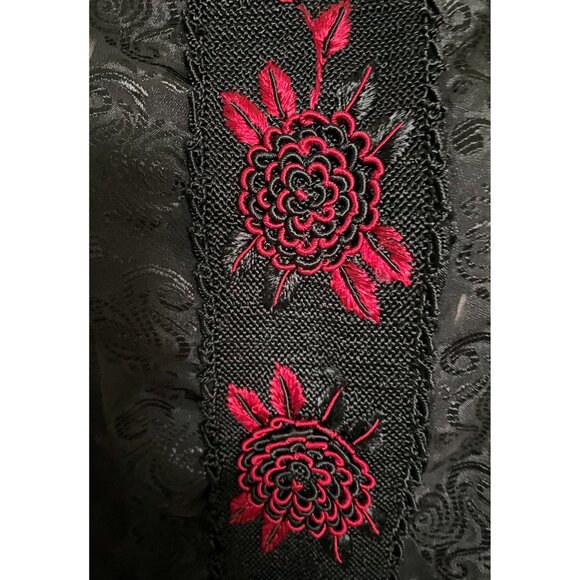 Vintage Witch Robe, Black Maxi Dress: Embroidered Red Roses, Gothic Style - Picture 7 of 10